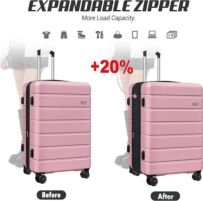 SmileLine 3-Piece Luggage Set Lightweight Hardside Suitcase TSA Lock Spinner Wheels, 20" Expandable Carry-On Luggage with Quick Access Front Open Pocket, Bonus Makeup Bag, Pink
