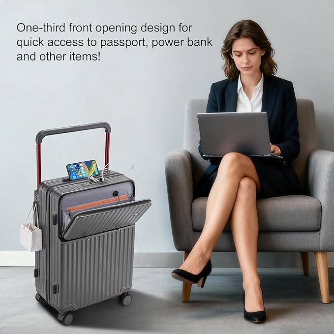 20 Inch Carry On Luggage with Spinner Wheels,PC Hard Shell Suitcase with USB Port,Lightweight Travel Luggage Airline Approved for Men Women (Iron Gray)