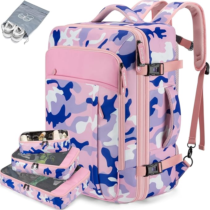 Lumesner Carry on Travel Backpacks, Extra Large 40L Flight Approved for Men & Women,Expandable Suitcase backpack (Camouflage Pink(Backpack With 4 Packing Cubes))