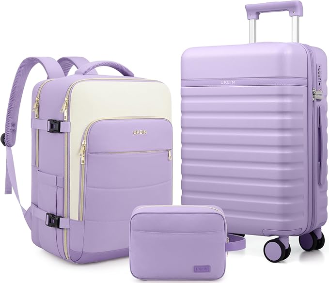 UKEIN Luggage Sets 3 Piece, Carry On Luggage 20In With Spinner Wheels,PC Hardside Suitcase Set with TSA Lock,Durable Carry On Suitcase With Travel Backpack for Men (Violet, 3 piece set (BP/20inch))