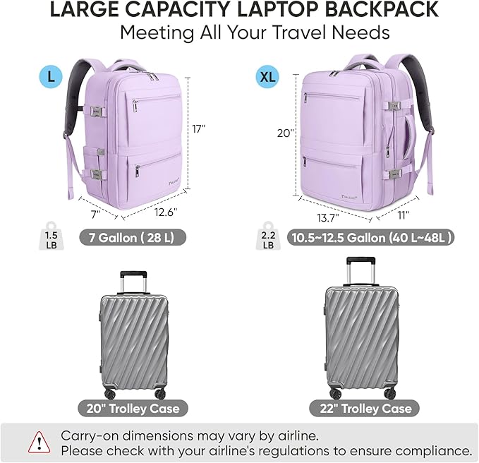 BALEINE Travel Backpack for Women Men, Large Sturdy Carry On Laptop Backpack Gifts for Business, Casual, Weekender, Hiking (XL, Lavender)