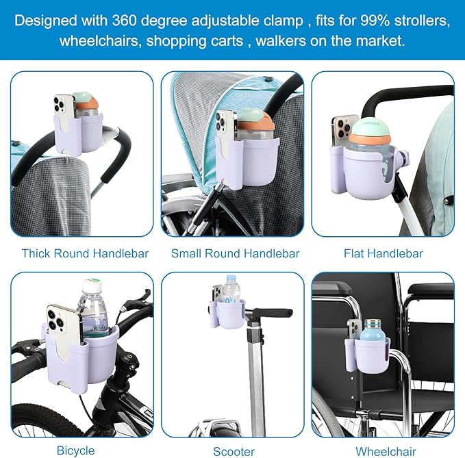 Accmor Stroller Cup Holder with Phone Holder, Bike Cup Holder, Universal Cup Holder for Uppababy Nuna Doona Strollers, 2-in-1 Cup Phone Holder for Stroller Bike Wheelchair Walker Accessory