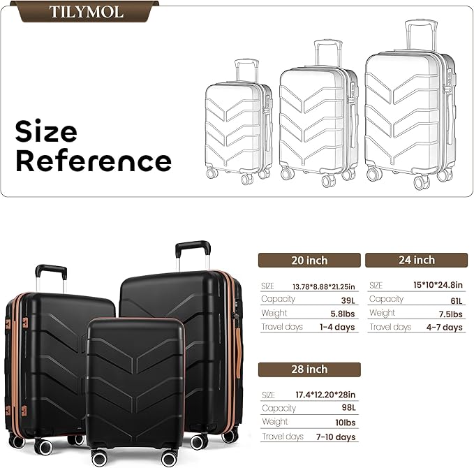 Luggage Sets 3 Piece with Spinner Wheel, Hardside Suitcase Set with TSA Lock, Expandable Lightweight Travel Luggage for Men and Women, Black