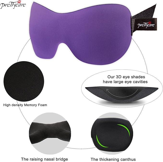 PrettyCare 3D Sleep Mask 2 Pack, Eye Mask for Side Sleeper - 3D Contoured Sleeping Mask Block Out Light for Men Women- No Eye Pressuer Night Masks with Ear Plugs & Travel Bag (Black＆Purple)