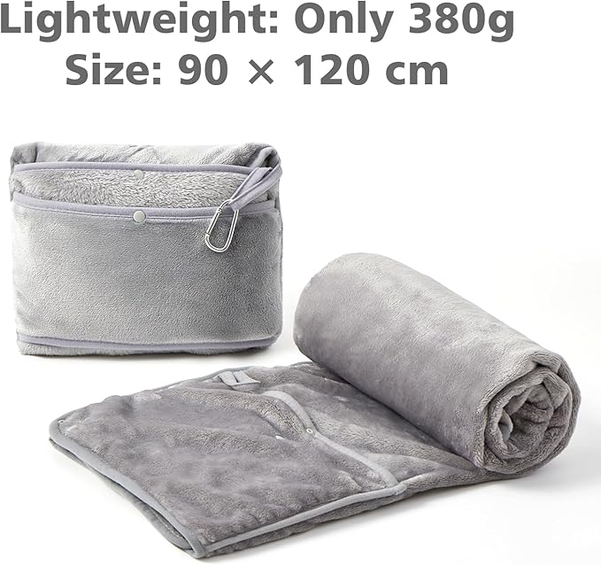 Travel Blanket with Carry Bag, Lightweight Wearable Airplane Blanket, Soft Packable Throw for Travel & Office Light Grey