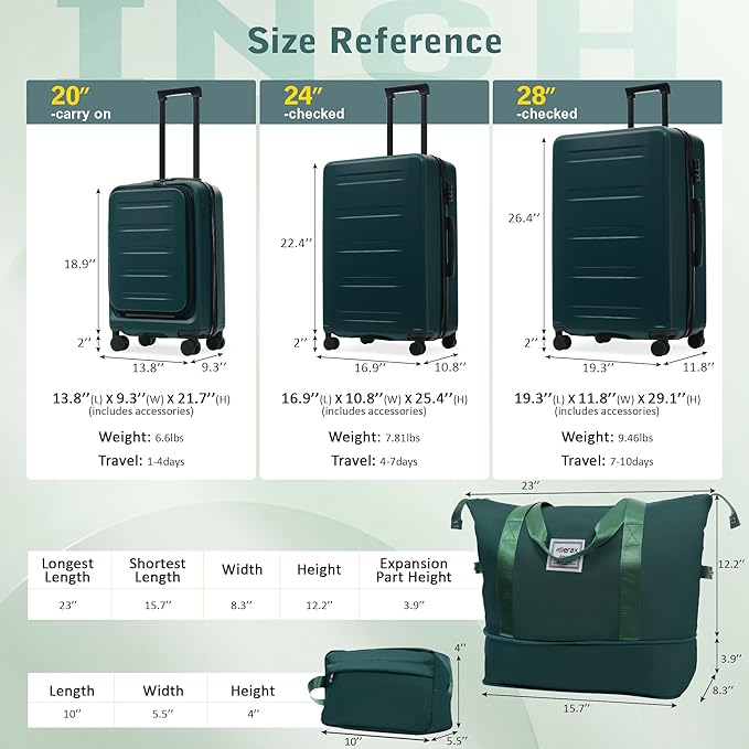 Merax Luggage Sets 5 Piece Front Open, Hardside 20" Carry On Suitcase Set with USB Port,Lightweight Expandable Travel 24" 28" Luggage with Bags TSA Locks Double Spinner Wheels,Dark Green