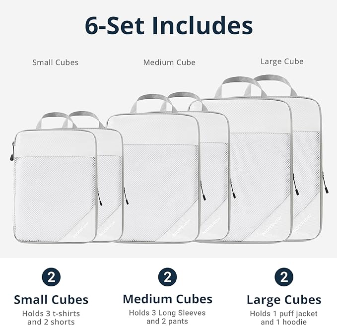 Compression Packing Cubes 6 Set, Compressible Space-Saving Packing Cubes for Travel - Compression Bags, Luggage Organizer, Travel Essentials for Women, White