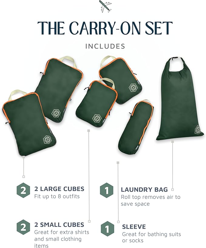 Compression Packing Cubes 6 Piece Set for Carryon Suitcases- Lightweight, Durable Clothes Organizer (Green and Orange)