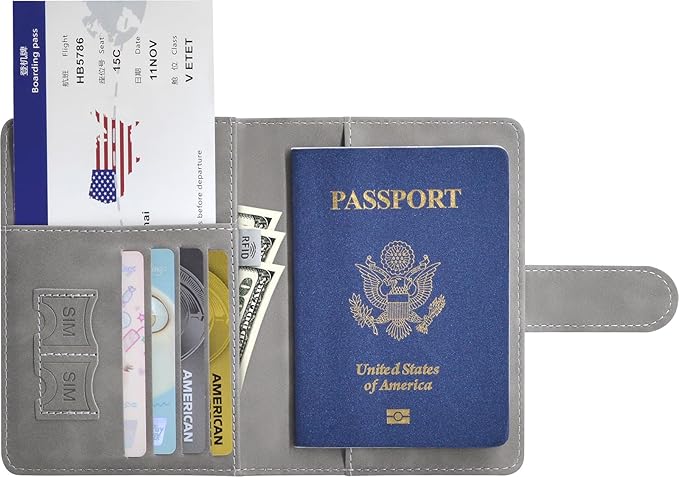 Passport Holder, Passport Cover with Credit Card Slot and Boarding Pass Slot Combo, Passport Wallet Case Book Travel Must Have, RFID Blocking Leather Travel Accessories, Grey