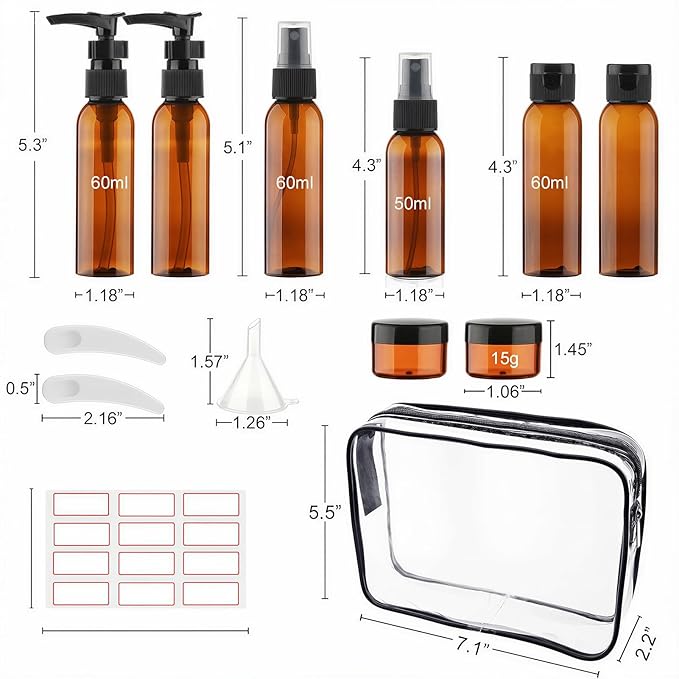 Cosywell Travel Size Bottles for Toiletries 15 2oz Pack TSA Approved Toiletry Bottles Leak Proof Travel Kit for Women Men TSA Clear Toiletry Bag Shampoo Lotion Skincare Cosmetic Container（Brown）