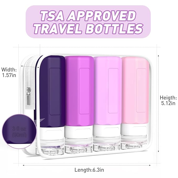 Redfly Travel Bottles for Toiletries, Tsa Approved 3oz Travel Size Containers, Leak Proof Travel Size Toiletries Bottles Silicone, BPA Free Refillable Essentials for Shampoo Conditioners, Purple
