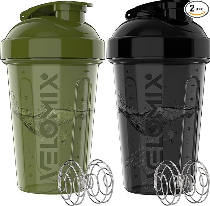 VELOMIX -2 Pack- 20 oz Protein Shaker Bottles for Protein Mixes - 2x Wire Whisk | Leak Proof Shaker Cups for Protein Shakes and Pre Workout | Protein Shaker Bottle Pack (Green/Black)