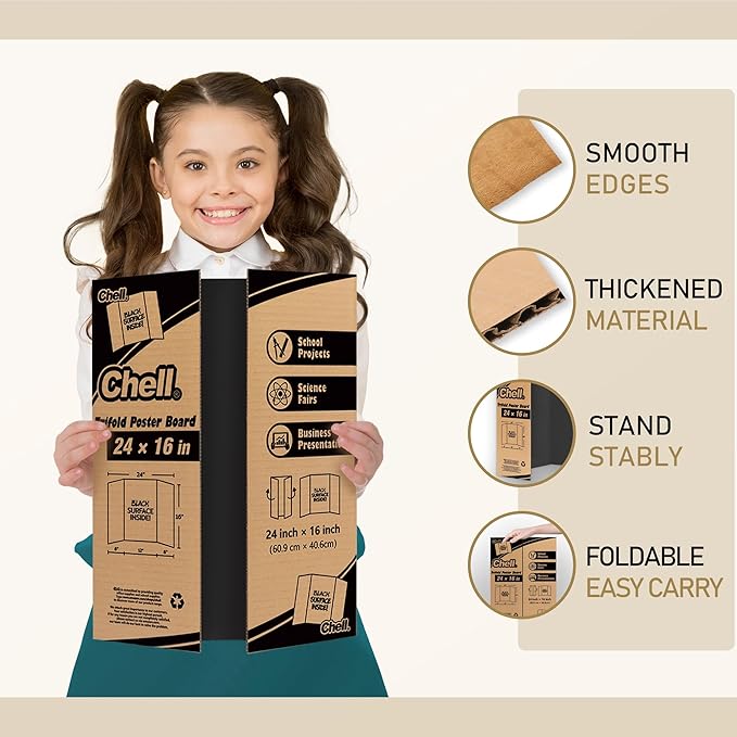 Chell Mini Size Trifold Poster Board, 16" x 24", Small Corrugated Project Boards, Black, 8 Pack