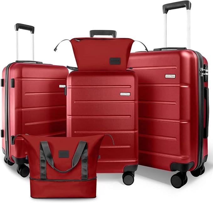 5-Piece 20" 24" 28" ABS Hardshell Luggage Set, Lightweight Suitcase with TSA Lock & Quiet Spinner Wheels for Business and Family Travel (20/24/28/DB/TB Vibrant Red)
