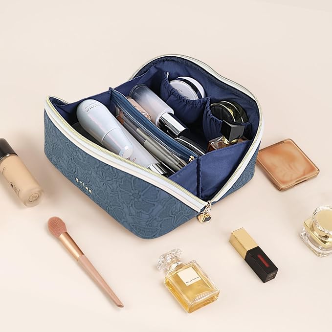 Prite Makeup Bag for Women Travel Waterproof Vegan Leather Cosmetic Bag Open Flat Toiletry Bag With Clear Divider and Handle (Large Blue Flower)
