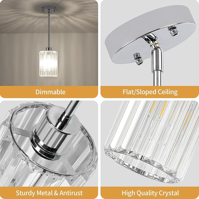 3 Pack Chrome Crystal Pendant Lights Modern Kitchen Lighting Fixtures | Hanging Hallway Ceiling Lights, Adjustable Height Pendant Lighting for Dining Room Bathroom Over Island Table Sink