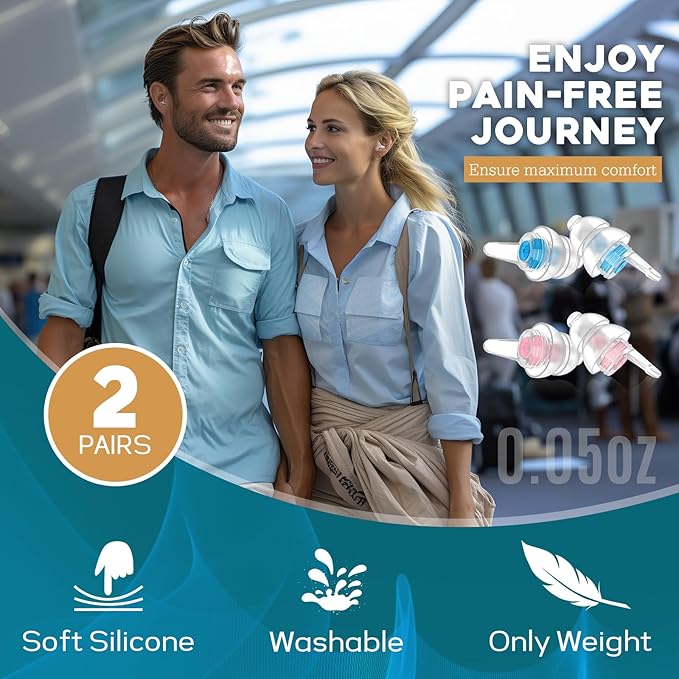 Airplane Ear Pressure Relief Ear Plugs with String, Prevent Ear-Pain & Noise Reduction, Plane Travel Essentials Pressure Equalizing Earbuds, 100x Reusable Comfy Earplugs for Adults Kids 12+