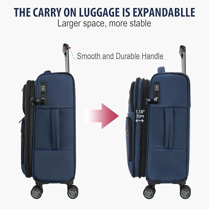 KROSER Softside Expandable checked Luggage with Front Business Pockets，24 Inch Suitcases with Spinner Wheels & Built-in TSA Lock, Durable Suitcase Rolling Luggage, Navy