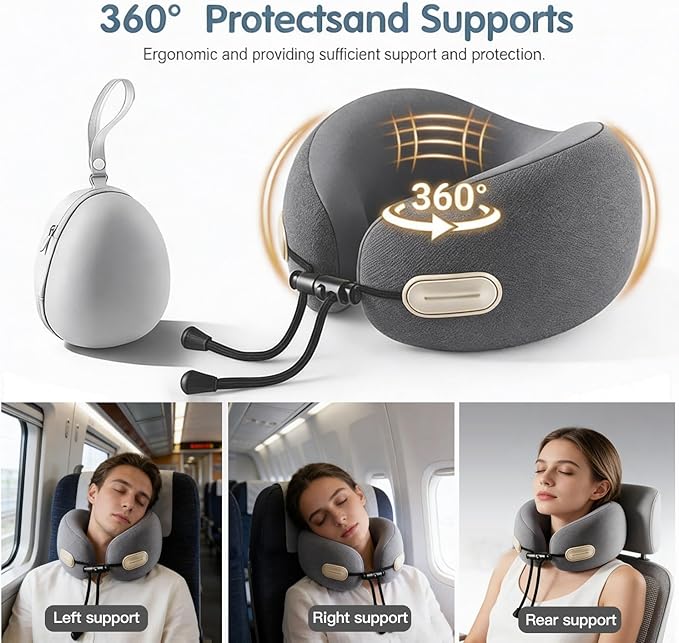 Travel Neck Pillow with Storage Case, 100% Pure Memory Foam, Airplane Head Support for Flight Sleeping, Portable, Gray