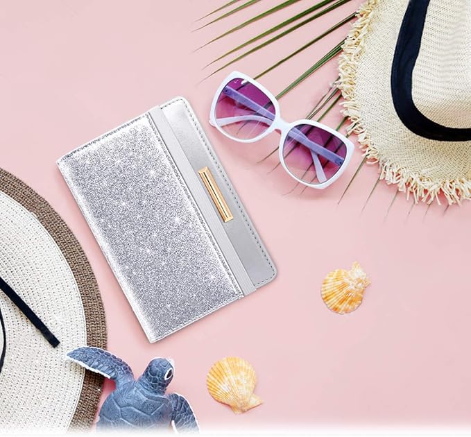 Passport Holder Cover Women's Travel Wallet RFID Blocking Cute Slim Passport Wallet with Elastic Band, Silver