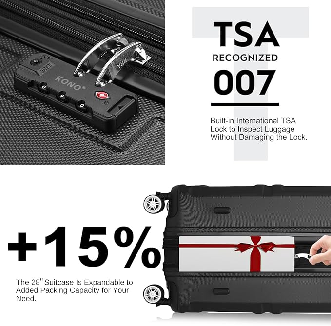 Kono 28 Inch Luggage Expandable Suitcase with Spinner Wheels TSA Lock Lightweight PC+ABS Hardside Large Checked Luggage Durable Rolling Suitcase Black
