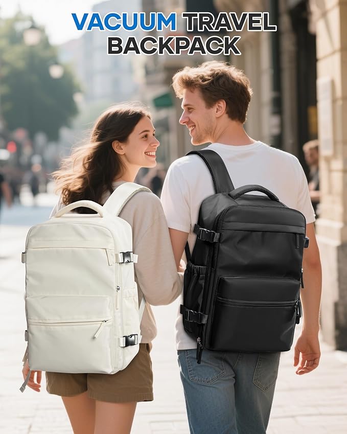 VECAVE Vacuum Travel Backpack with Pump for Women,Personal Item Carry on Backpacks Flight Approved 18x14x8 inches for Men,Laptop Waterproof Work Compression bags Casual Daypack Black