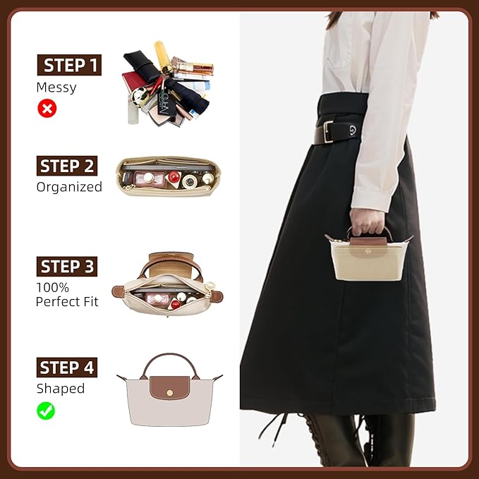 Doxo Longchamp XS Organizer Insert, Suitable for Le pliage XS and More, Keeps Tote Handbags Shaped & Neat (Beige,XS)