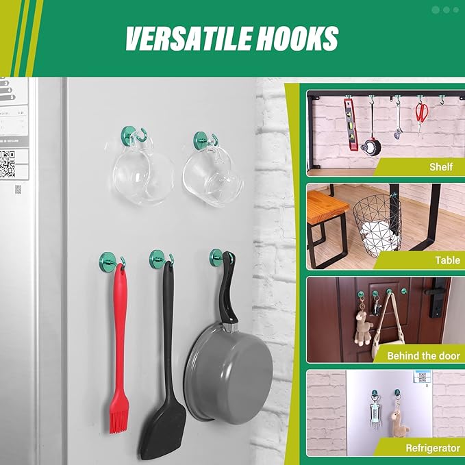 Neosmuk Magnetic Hooks Heavy Duty,Strong Magnet with Hook for Fridge, Super Neodymium Extra Strength Industrial Hooks for Hanging, Magnetic Hanger for Toolbox, Cruise, Grill(Green,6 Pack)