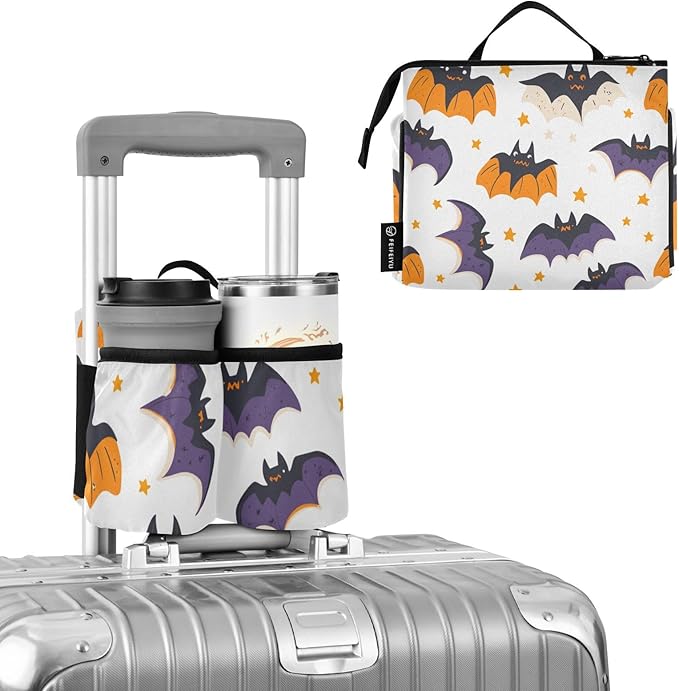 White Halloween Bats and Stars Luggage Cup Holder Travel Portable Free Hand Drink Carrier Suitcase Drinks Beverage Holder Carry-On Bottle Mug Holder Organizer Bag Travelers Accessories
