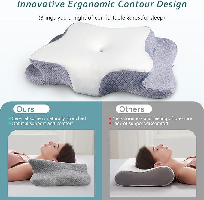 Cervical Neck Pillow for Pain Relief Sleeping, Memory Foam Pillows, Ergonomic Side Sleeper Pillows, Cooling Orthopedic Neck Support Pillow for Back Stomach Sleepers-Queen Size White&Grey
