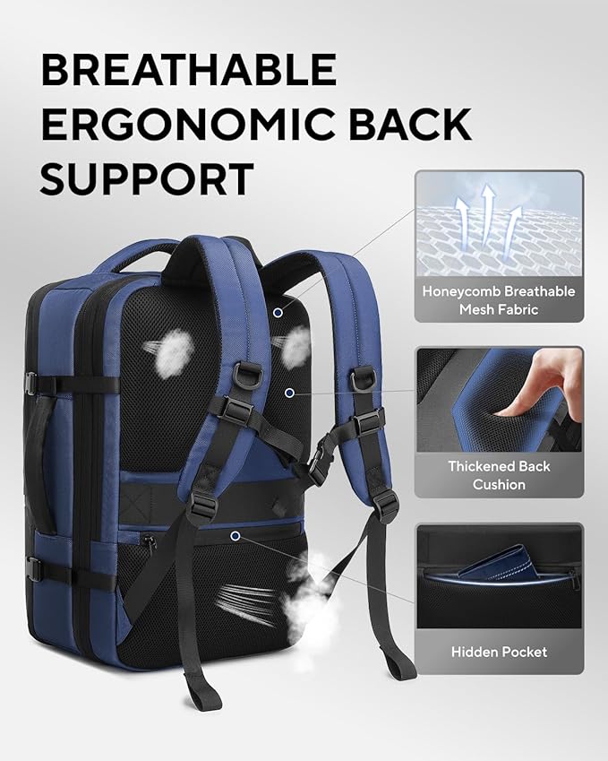 Dinictis Vacuum Seal Travel Backpack 60L Built-in Pump, Expandable Backpack with Vacuum Compression Fits 17 inch Laptop, Water Resistant Carry On Suitcase Luggage for Short Trip and Business-Blue