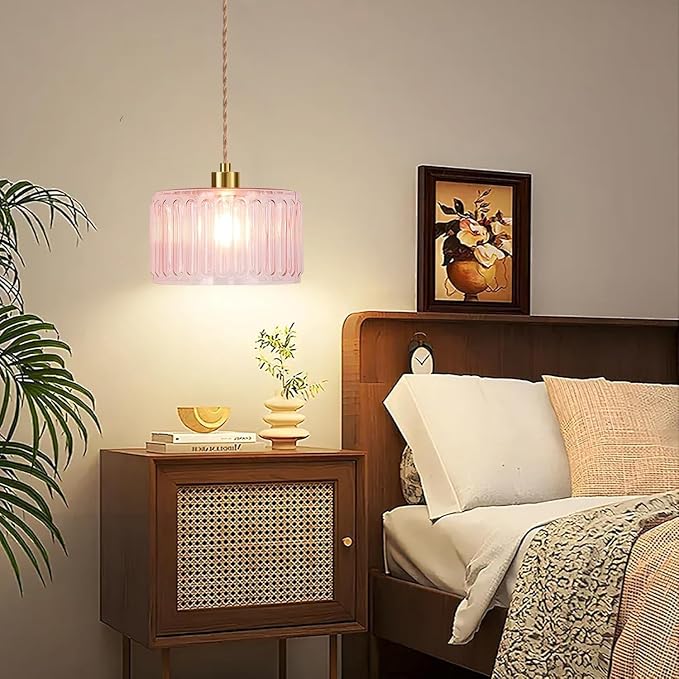 QIYIZM Pink Plug in Pendant Light Glass Hanging Lights with Plug in Cord Boho Hanging Lamp Gold Mid Century Modern Vintage Dimmable Flower Plug in Chandelier Ceiling Fixture for Living Room,Bedroom