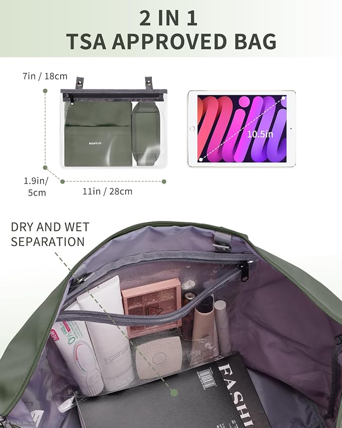 ECOHUB Travel Duffel Bag Water Resistant Weekender Bag Carry On Bags for Women Sport Gym Bags for Men Hospital Bag for Labor and Delivery Overnight Bag Luggage Bag with Trolley Sleeve 30L Army Green