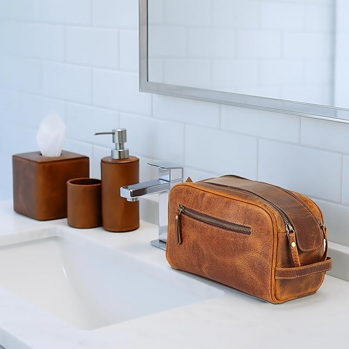 KomalC Travel Toiletry Bag – Premium Leather Dopp Kit for Men & Women with Water-Resistant Lining & Spacious Zippered Organizer