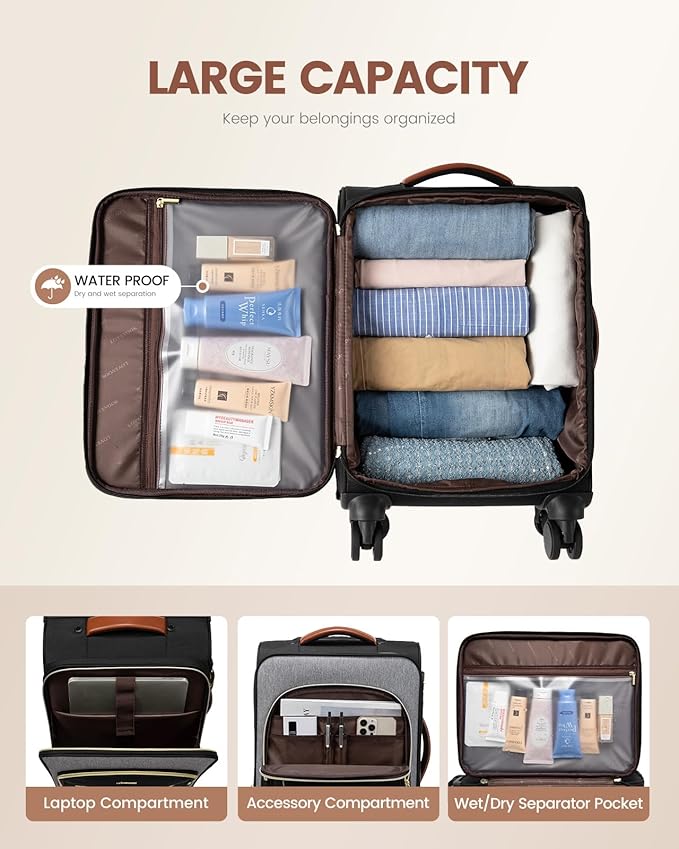 LOVEVOOK Carry On Luggage 22x14x9 Airline Approved, 20 Inch Softside Suitcases with Wheels, Lightweight Spinner Carry on Suitcase with TSA Lock, Water-Resistant Large Capacity Luggage for Travel