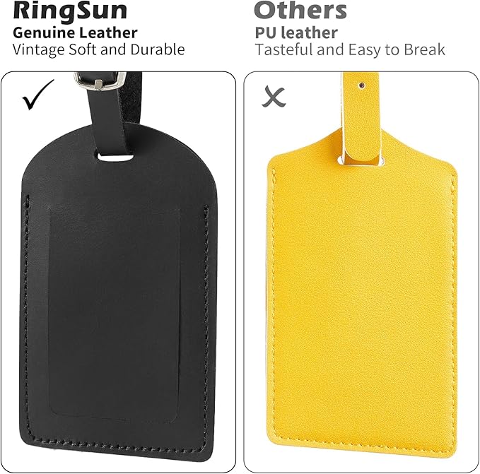 Ringsun Genuine Leather Luggage Tag for Suitcases ID Tags Bag Tags for Luggage (4 Pack)