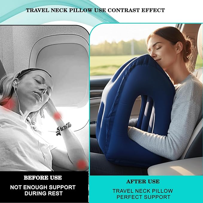 Inflatable Travel Pillows for Airplane, Blow Up Neck Pillow for Sleeping for Long Flight Support Neck,Head & Shoulder, Used for Travelling Car/Airplane/Office Nap-Comes with Eye Mask and Earplugs_Blue