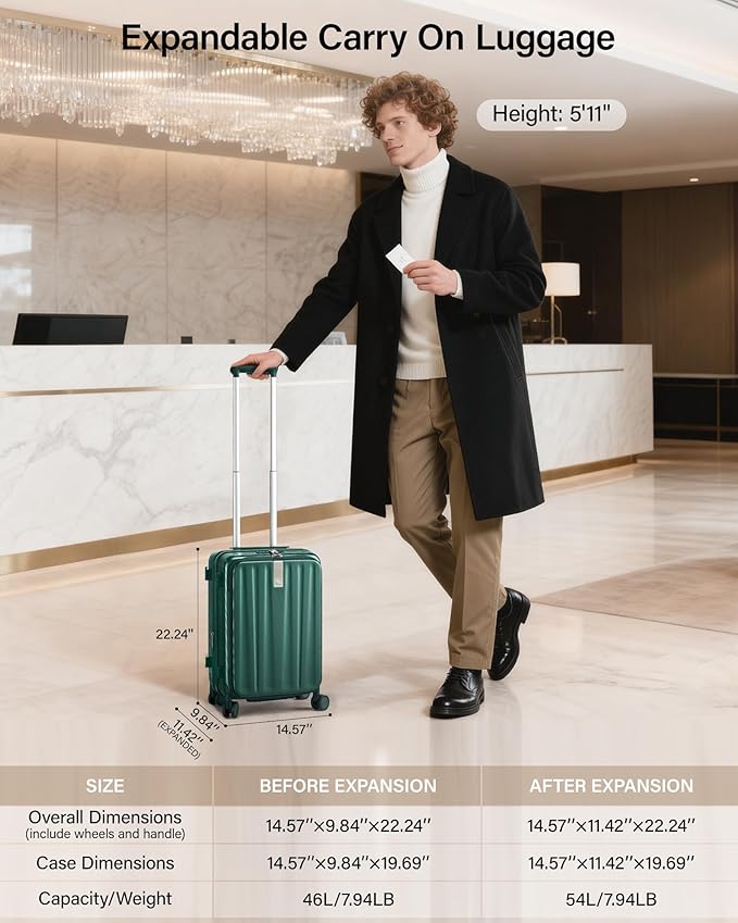 Hanke 20 Inch Expandable Carry On Luggage Airline Approved Top Opening Hard Shell Suitcases with Wheels Lightweight Travel Luggage Carry On Suitcase for Woman Men-Blackish Green