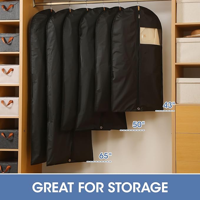 Suit Bags for Closet Storage, 43'' Garment Bags for Hanging Clothes, Suit Garment Bag, Black Suit Cover Bags with Clear Window for Coats, Jackets, Shirts（5 Packs）