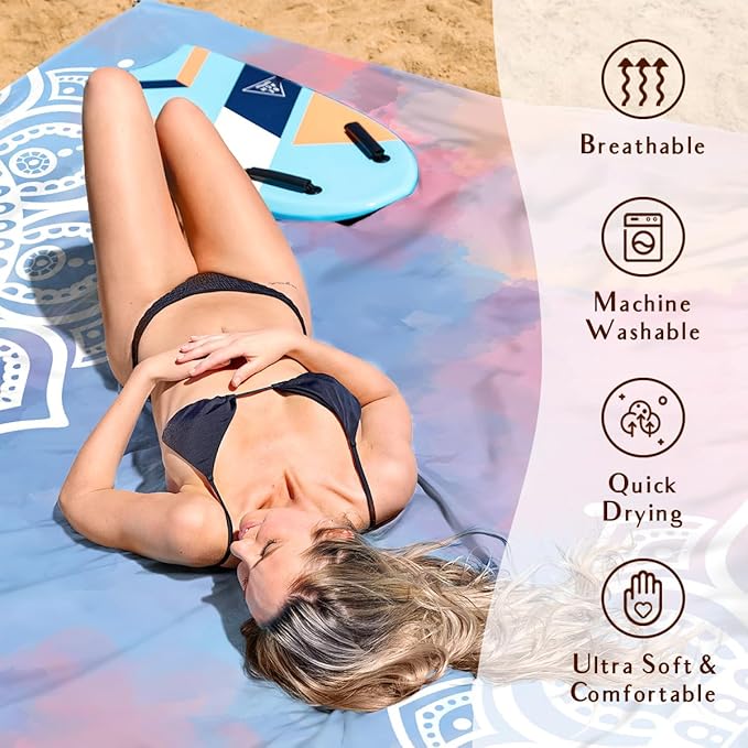 AlphaBeing Beach Blanket Waterproof Sandproof, Extra Large Beach Mat for 1–8 Adults, Oversized Picnic Blanket with 4 Stakes & Storage Bag, Essential Beach Gear for Travel