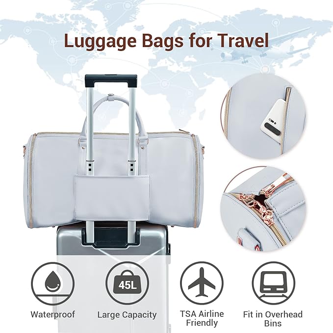 Garment Bags for Travel, Convertible Suit Travel Bag for Women, Stylish Carry On Garment Bag with Toiletry Pocket, Shoulder Strap and Shoes Compartment, 2 in 1 Foldable PU Leather Duffle Bag, Blue