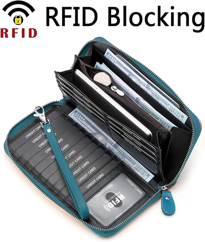 Moflycom Womens Wallet RFID Blocking Genuine Leather Multi Credit Card Large Capacity Zip Around Clutch Travel Purse Wristlet