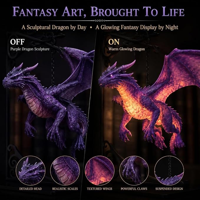 Magical Floating Dragon Bookshelf Lamp, Warm LED Dragon Night Light, Fantasy Gothic Bookend Decor, Reading Nook Ornament, Gift for Book Lovers & Fantasy Fans，Purple
