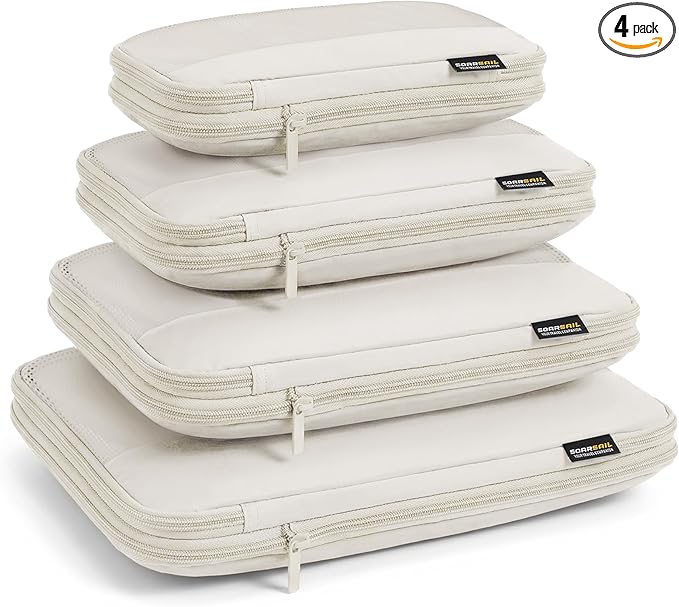 4 Piece Compression Packing Cubes for 3–7 Day Travel, Lightweight Travel Organizers with Breathable Mesh, Double-Zipper Packing Cubes for Carry-On & Suitcases (Off White)