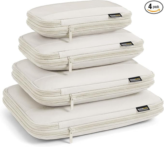4 Piece Compression Packing Cubes for 3–7 Day Travel, Lightweight Travel Organizers with Breathable Mesh, Double-Zipper Packing Cubes for Carry-On & Suitcases (Off White)