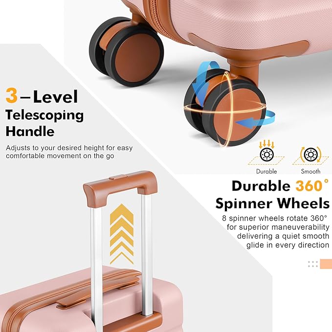 Luggage Sets 3 Piece with Spinner Wheels, Lightweight PC Hardside Suitcase with TSA Lock & YKK Zippers, 20 Inch Carry On Luggage with Travel Bag for Men and Women, Pink