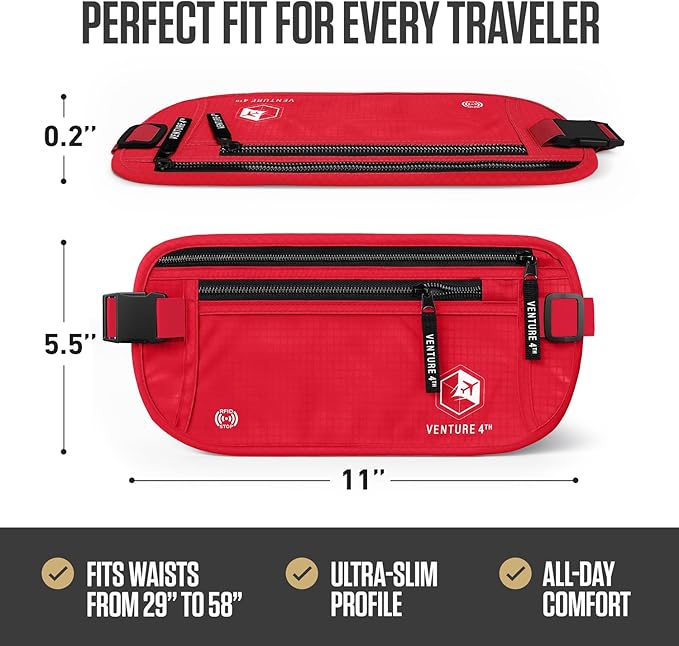 VENTURE 4TH Money Belt for Travel – Hidden Under-Clothes RFID Blocking Passport Holder & Slim Travel Wallet Pouch for Men & Women to Protect Cash, Cards & Documents (Red)