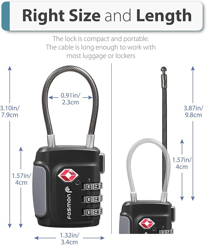 Fosmon TSA Approved Cable Locks for Luggage, Suitcase, Gun Case Lock with Push Release Button, 3 Digit Long Shackle Combination Wire Lock for Backpack