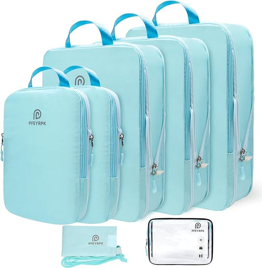 Lightweight Compression Packing Cubes for Suitcases, Compressible Expandable Travel Packing Organizer with Clear Toiletries and Backpack Bag, Travel Essentials for Carry on Luggage 7 Set