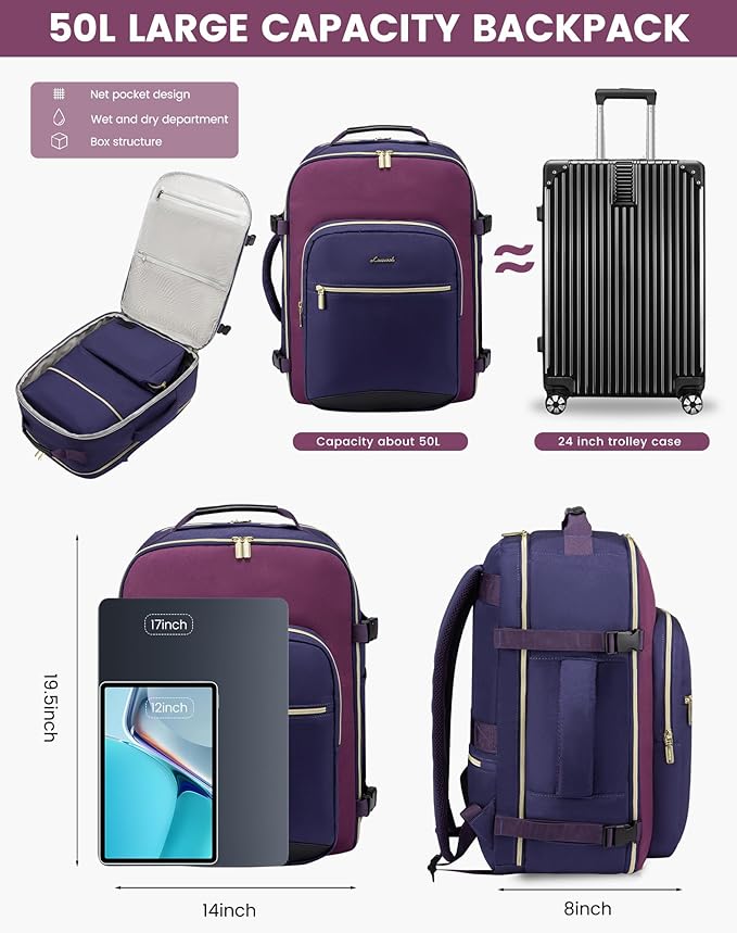 LOVEVOOK 50L Large Travel Backpack for Women, Carry on Backpack Airline Approved, Waterproof Travel Essentials fits 18" Laptop, TSA Personal Item Travel Bag Sports Backpack with 3 Packing Cubes